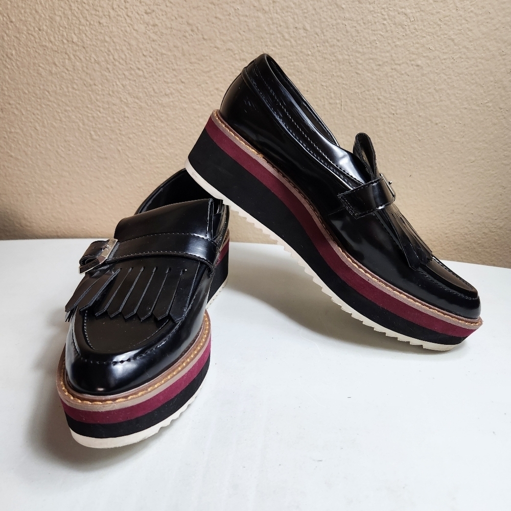 Zara Woman |EU38/US7.5| Black Patent Leather Platform Kilt Chunky Loafers